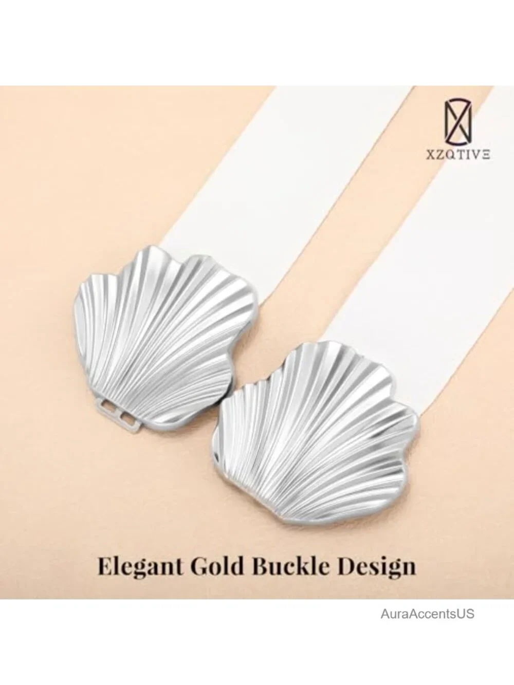 Wide Elastic Belt with Boho Shell Gold Buckle Stretchy Waist Belt for Dresses